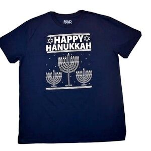 Mad Engine Mens Happy Hanukkah with Menorah Hoilday Blue Shirt New small